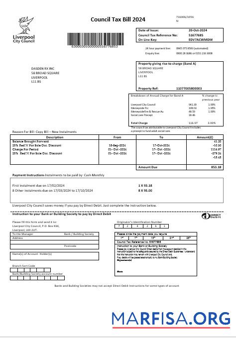 Realistic United Kingdom Liverpool City Council taxbusiness utility bill template in Word formats